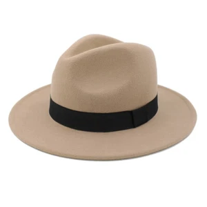 Premium 100% Wool Wide Brim Classic Black Band Felt Fedora Panama Hat - Picture 1 of 13