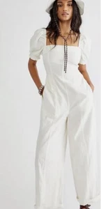Free People Jumpsuit Women Ivory Endless Summer Nicola Cotton Vacay Retro Large - Picture 1 of 13