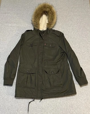 Chaqueta Parka Levi's Para Mujer Sherpa Forrada Verde Ejército XL Longitud Media con Capucha Foto 1 de 4