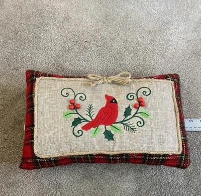 Christmas Cardinal Burlap Twine Embroidered Plaid Throw Pillow - Image 1 of 4