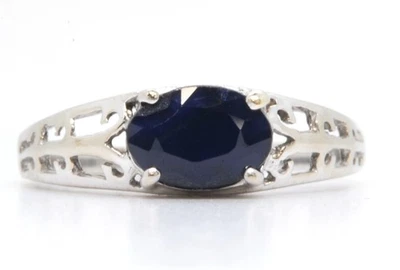 ORO BLANCO 9K OVALADO ZAFIRO AZUL PIEDRAS PRECIOSAS SOLITARIO BANDA CALADA ANILLO ESTADO Foto 1 de 4