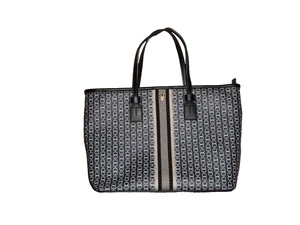 TORY BURCH Gemini Link Tote Stripe Logo Bag  Beige Gray White - Picture 1 of 7