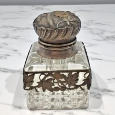 Tintero antiguo con inserto de vidrio 825 plata y latón cristal 3,5" Art Nouveau Foto 1 de 4