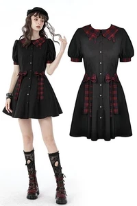 Vestido corto DARK IN LOVE para mujer negro gótico punk lolita rojo a cuadros con botones - Imagen 1 de 19