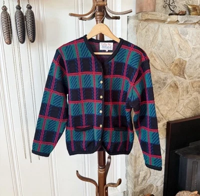 Cárdigan de punto multicolor vintage Tally Ho Ho Ho Ho Ho Ho a cuadros mediano Foto 1 de 4