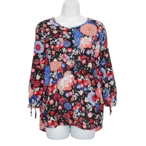Rebecca Malone Top Womens S Black Multi Polyester 3/4 Ruched Sleeve Floral Work - Picture 1 of 13