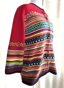 Evan Picone VINTAGE Cardigan M/LG Red Yellow Striped Cottage Grandma Core EVC - Picture 1 of 11