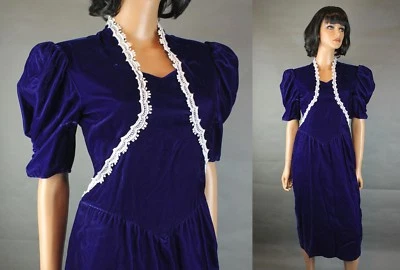 Vestido de graduación años 80 XS Vintage Gunne Sax Azul Cobalto Terciopelo Blanco Encaje Vestido de cóctel Foto 1 de 4