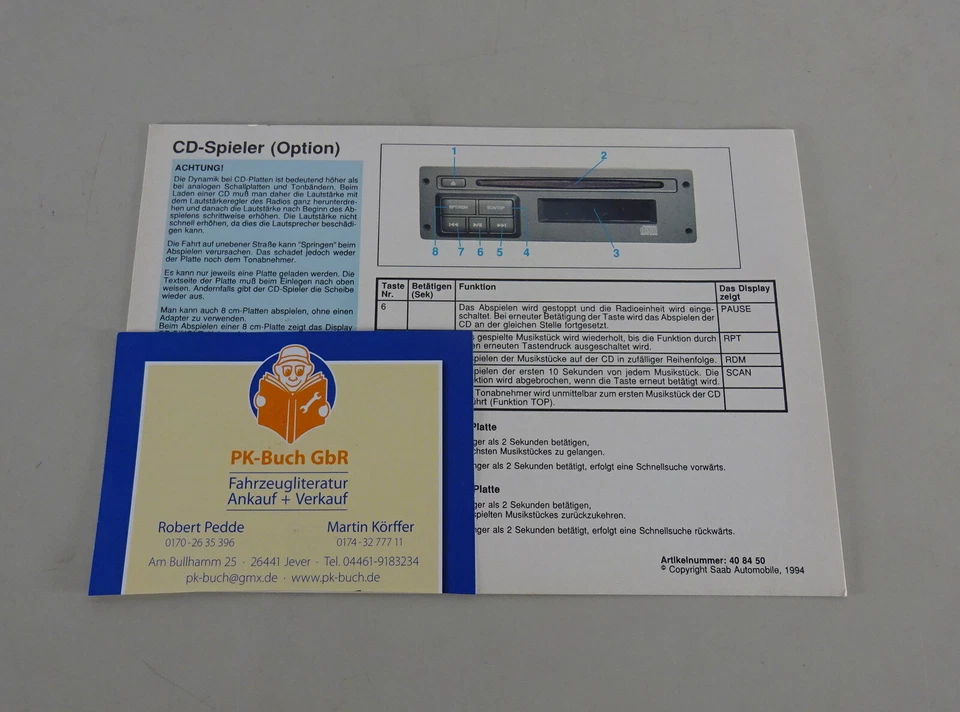 Manuale Di Istruzioni Per Lettore CD Saab 900/9000 Anno 1994 - Immagine 1 di 1