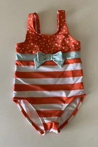 EUC Gymboree 2T Girls Swimsuit Bathingsuit Worn Once Mint Bow Coral Stripes/Dot - Picture 1 of 5