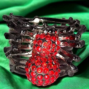 Red Rhinestone Spider Gun Metal Silver-Tone 2 3/8 Inch Wide Cuff Bracelet! - Picture 1 of 8
