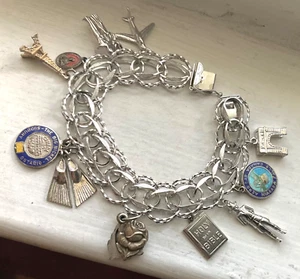 Vintage STERLING CHARM Collection 7 1/2” Wearable WIDE SILVER BRACELET 41 GR - Picture 1 of 8
