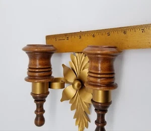 CANDLE SCONCE WALL. WALNUT WOOD. METAL CENTER FLOWER. - Picture 1 of 5