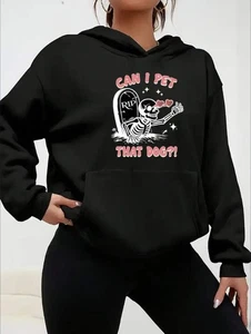 Damen-Hoodie lässig Skelett Can I Pet That Dog bedruckt bequeme Passform Kapuzenpullover - Bild 1 von 7