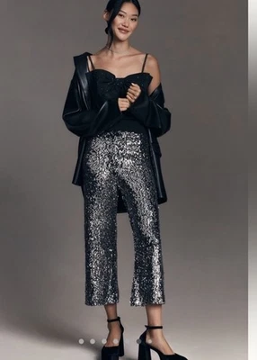 26 Pantalones Anthropologie Maeve the Colette Lentejuelas Recortados Pierna Ancha Negro Plata  Foto 1 de 4