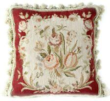 Wool Needlepoint Throw Pillow Cover Handmade Cushion 16x16 w Pink Rose Bouquet