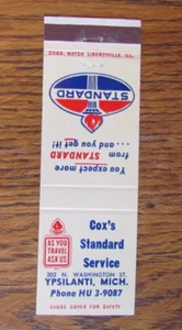 COX'S STANDARD GASOLINERA MATCHBOOK COVER: YPSILANTI, MICHIGAN MATCHCOVER -B22 - Imagen 1 de 2