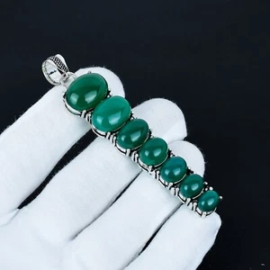 Green Onyx Gemstone Long Pendant Handmade 925 Sterling Silver Chain Pendant Gift - Picture 1 of 4