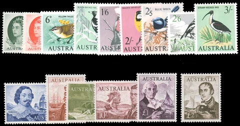 Australia #365-379 MNH CV$250.80 1963-1965 Explorers Birds QEII Cover