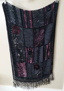 Boho Shawl Wrap Dark Velvet Burnout Scarf Black Purple Floral Fringe 62" x 20” - Picture 1 of 8