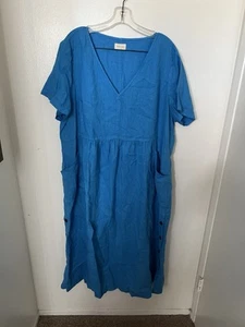 Poetry Short Sleeve V Neck linen maxi dress 18 Peacock Blue Lagenlook Beachy - Picture 1 of 6