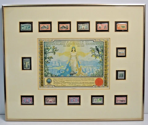 Vintage New Zealand Centennial Pre-Decimal Stamps Exhibition Certificate Framed Cover