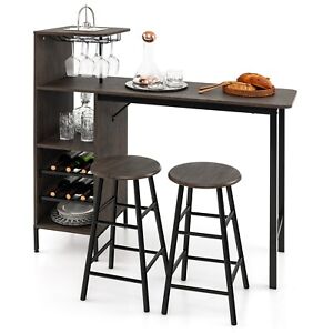 3PCS Bar Table & 2 Stool Industrial Kitchen Dining Set W/ Wine Rack Glass Holder