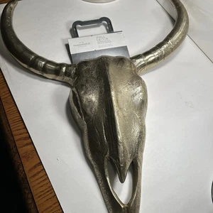 Cast Aluminum Gold Brass Tone Metal Long Horn Skull Western Steer Plaque - Picture 1 of 6