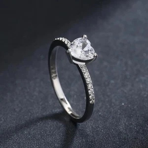 14k White Gold Finish Heart Cut White Diamond Solitaire Promise Engagement Ring - Picture 1 of 7