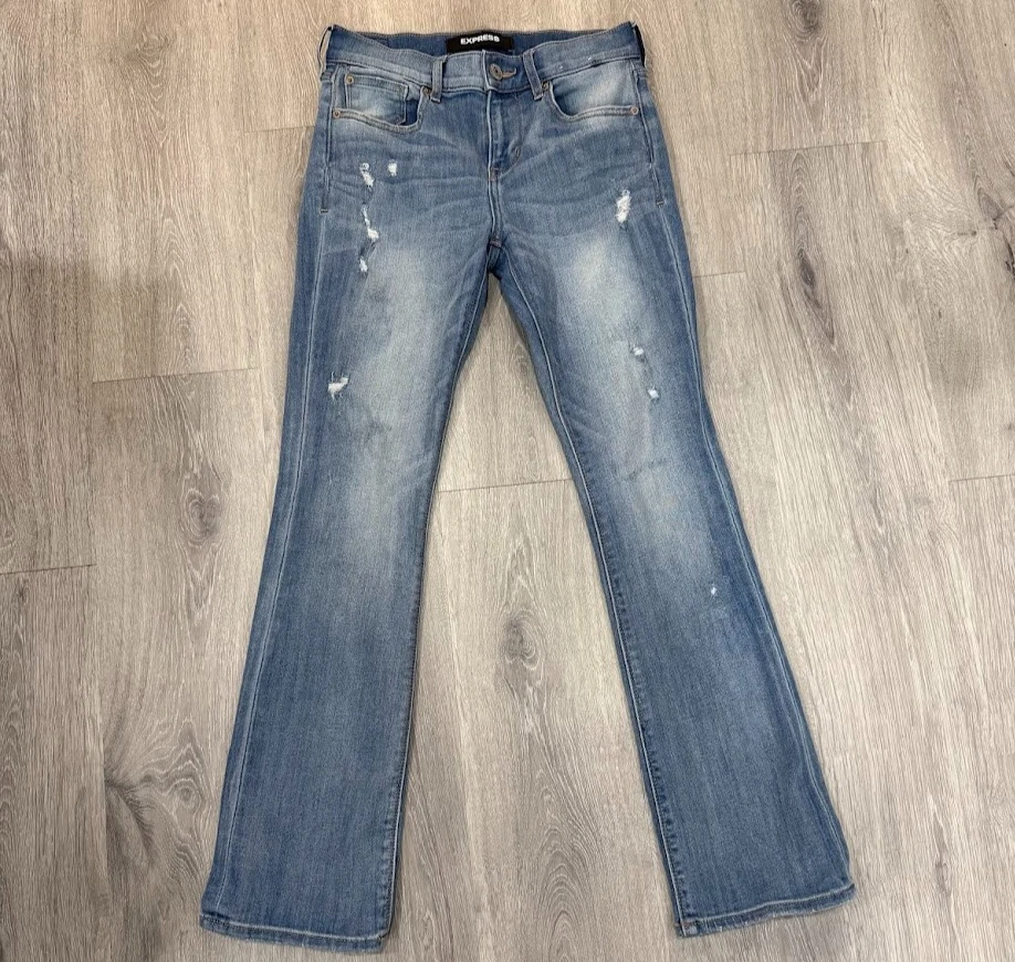 Express Barely Boot Mid Rise Jeans Women’s 0S Distressed Light Wash Stretch  - Image 1 of 4