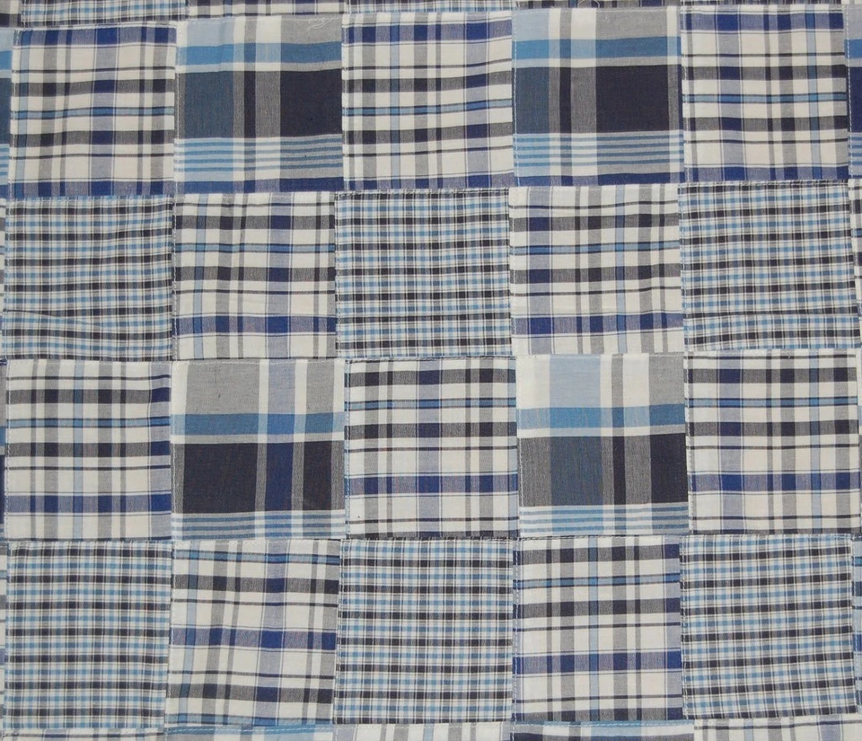 Three Chickadees Cotton Patchwork Madras Fabric from India ~ Blueberry Field - Image 1 of 1