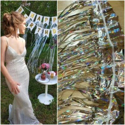 2m/3m Gold Silver Metallic Foil Tinsel Fringe Curtain Party Photo Background 1pc - Image 1 of 4