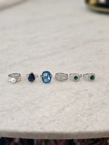 LOT OF 6 HIGH QUALITY HIGH SHINE rings Size7 & 7.5 Pearl, White, Green, Sapphire - Picture 1 of 19