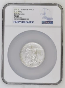 MEDALLA DEL EJÉRCITO DE PLATA 2023 NGC MS70 ETIQUETA DE LANZAMIENTOS TEMPRANOS 2,5 OZ RARA 10.000 DE COLECCIÓN - Imagen 1 de 2
