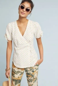 Anthropologie Maeve Louise Wrapped Blouse Size 4 Yellow White Polka Dot Top - Picture 1 of 8
