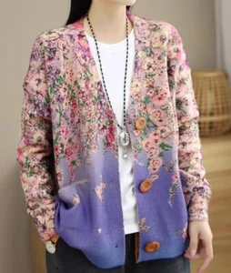 Womens Fashion V Neck Long Sleeve Loose Warm Flowers Kniting Cardigan Sweaters - Picture 1 of 5