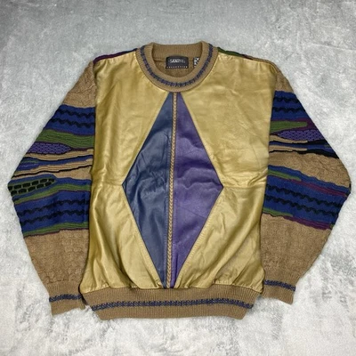 Vintage Saxony Sweater Mens Size XL Multicolor Leather Textured Knit 80s 90s - Image 1 of 4