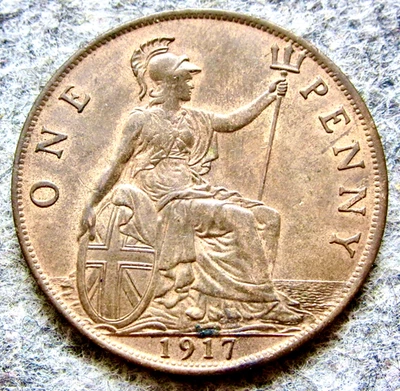 GRANDE GRÃ-BRETANHA GEORGE V 1917 UM CENTAVO, BRONZE SENTADO BRITANNIA UNC km# 810 - Imagem 1 de 4