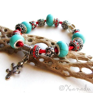 Turquoise Gemstone Southwest Theme European Style Charm Bracelet On Red Leather - Picture 1 of 11