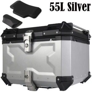 55L Motorcycle Rear Top Box with 3D Backrest Pad Silver Alloy Tail Carrier Case - Picture 1 of 12