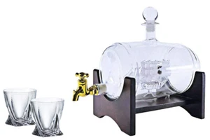 40 Oz 'Barrel' Handmade Whisky Decanter Set, Spirits Dispenser + Diamond Glasses - Picture 1 of 5