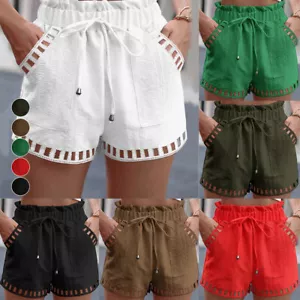 Women Ladies Short Pants Linen Elastic Waist Shorts Summer Beach Sport Hot Pants - Picture 1 of 23