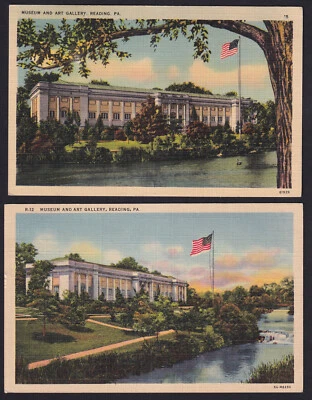 Lote de 2 postales de lino vintage de Pennsylvania-PA-Lectura-Museo-Galería de arte- Foto 1 de 4