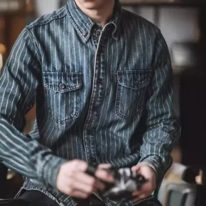 Cappotto giacca da lavoro uomo retrò lavato a righe denim camicia sciolta casual M-3XL - Foto 1 di 24