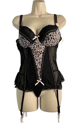 Conjunto de ropa de dormir de dos piezas lencería Sophie B negro y rosa estampado animal talla grande Foto 1 de 4