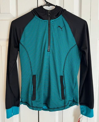 NUEVO Puma 1/2 Cremallera Sudadera con Capucha Camisa a Rayas Verde azulado y Negro Niñas Talla Grande Foto 1 de 4