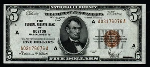 1929 $5 BOSTON BEAUTIFUL AU+/UNC Federal Reserve Bank Note! - Picture 1 of 2