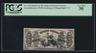 US 50c Fractional Currency Note FR 1369 PCGS 30 VF Wide Surcharge & "a" SCARCE ! - Image 1 of 2