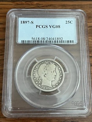 1897-S 25c Barber Quarter - Centered S Mintmark - PCGS VG08 - Image 1 of 2