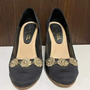 Authentic CHANEL camellia wedge pumps size 36.5 US 6.5 ladies black gold Italy - Picture 1 of 7